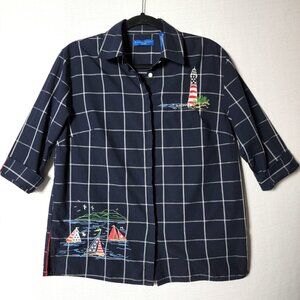 Karen Scott Sport Button Up Top Womens Sz M Embroidered Nautical Theme Navy Blue